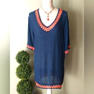 Navy & Orange Dress or Coverup - Crocheted Neck, Arms, etc. - OSFM